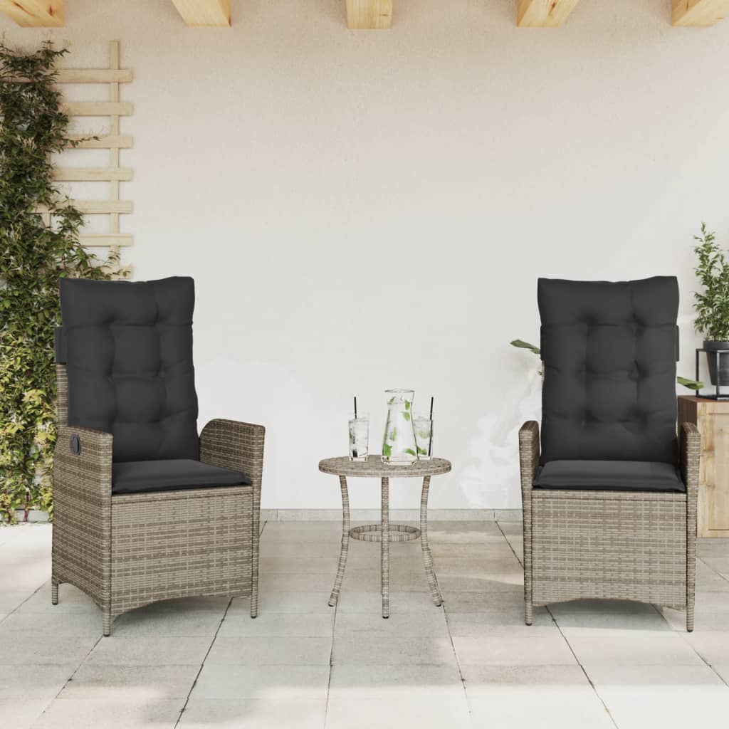 3 Pcs conjunto bistrô com almofadões vime PE cinza
