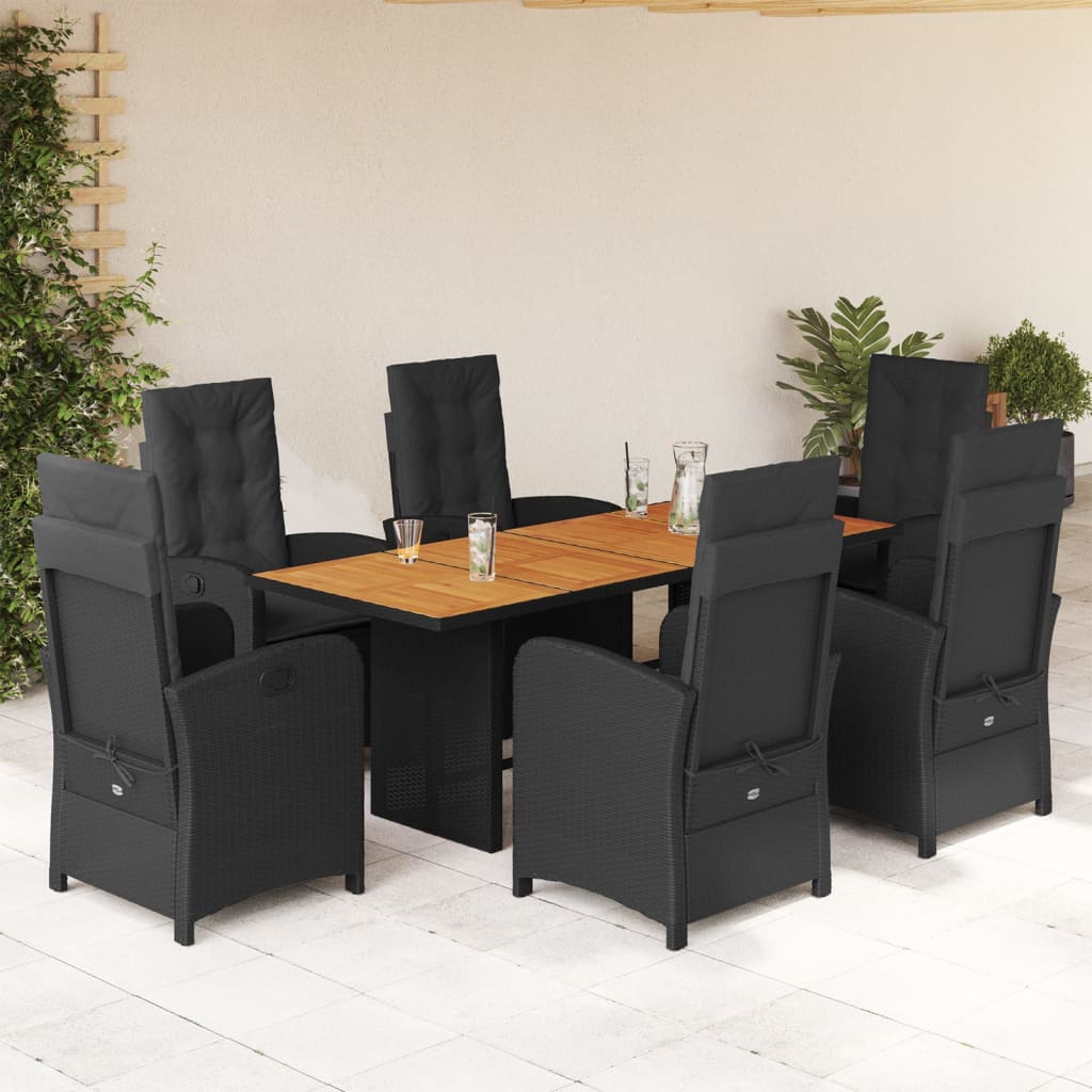 7 Pcs conjunto de jantar p/ jardim c/ almofadões vime PE preto