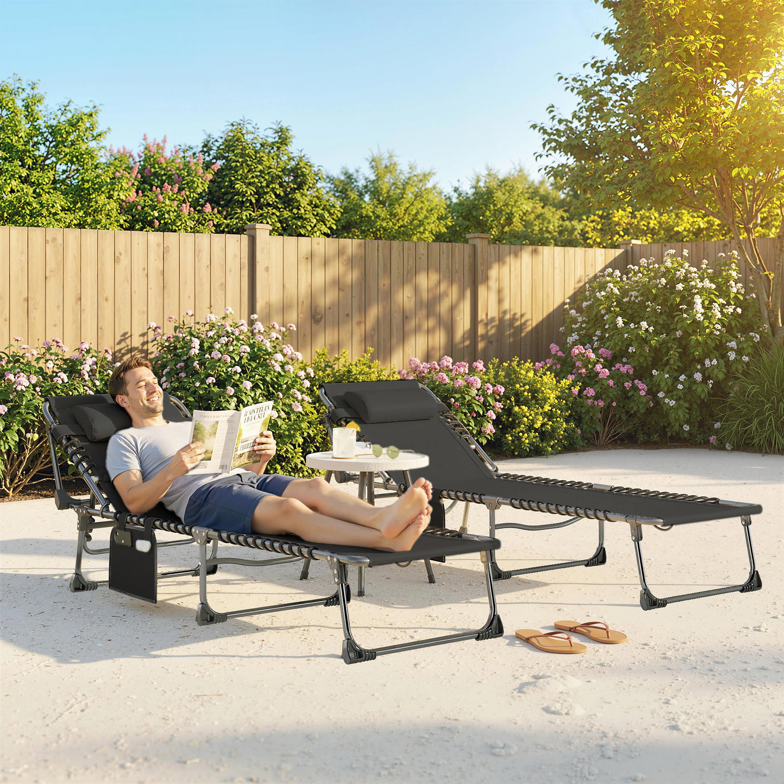 Conjunto de 2 espreguiçadeiras jardim dobráveis com apoio de cabeça e encosto reclinável em 5 posições 200x57x38 cm preto