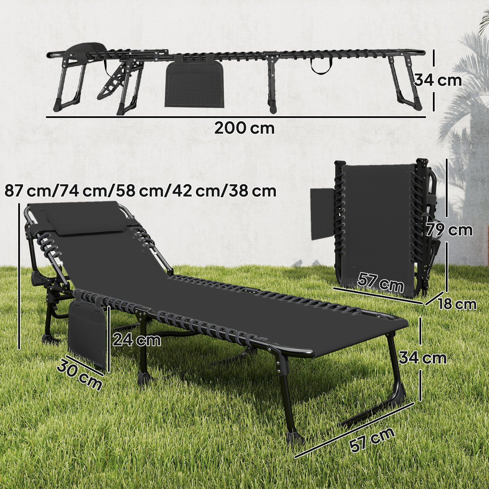 Conjunto de 2 espreguiçadeiras jardim dobráveis com apoio de cabeça e encosto reclinável em 5 posições 200x57x38 cm preto
