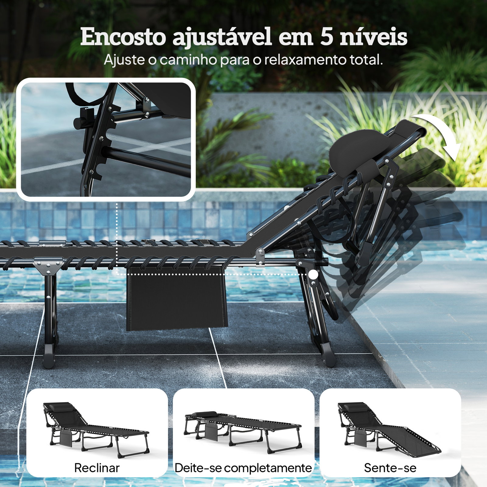Conjunto de 2 espreguiçadeiras jardim dobráveis com apoio de cabeça e encosto reclinável em 5 posições 200x57x38 cm preto