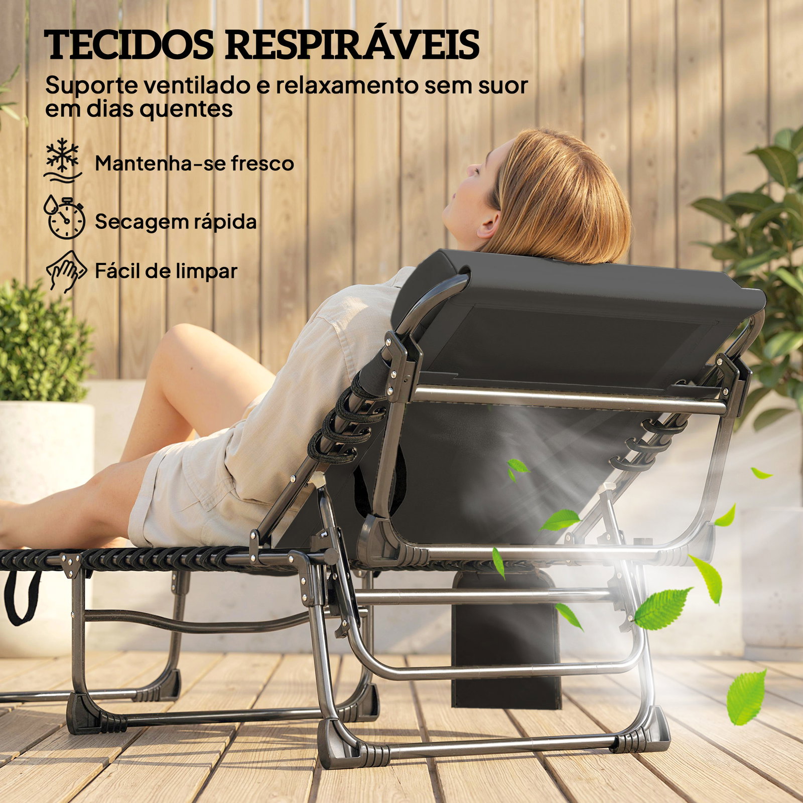 Conjunto de 2 espreguiçadeiras jardim dobráveis com apoio de cabeça e encosto reclinável em 5 posições 200x57x38 cm preto