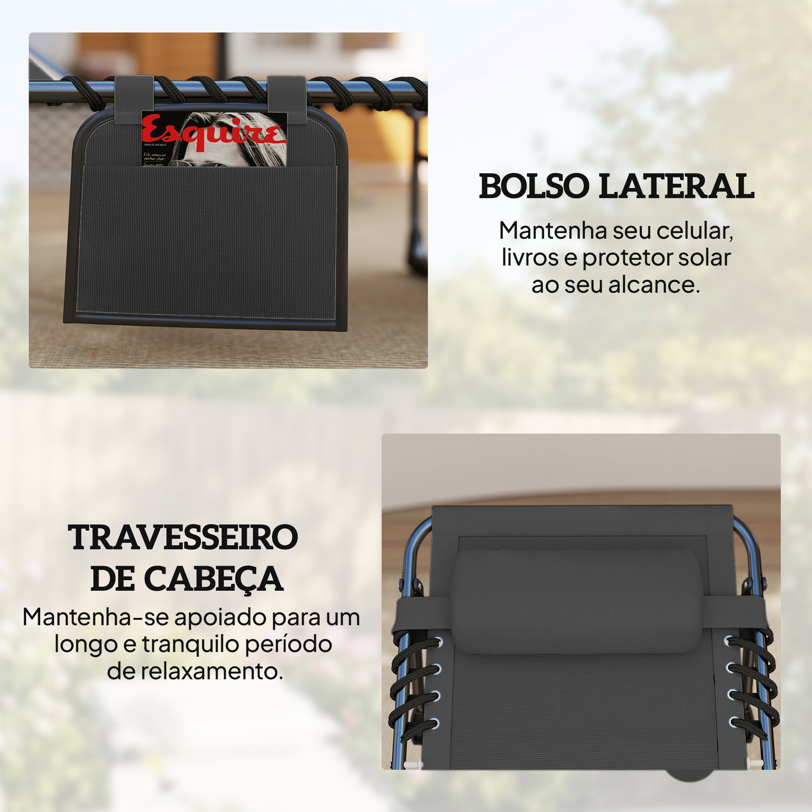 Conjunto de 2 espreguiçadeiras jardim dobráveis com apoio de cabeça e encosto reclinável em 5 posições 200x57x38 cm preto