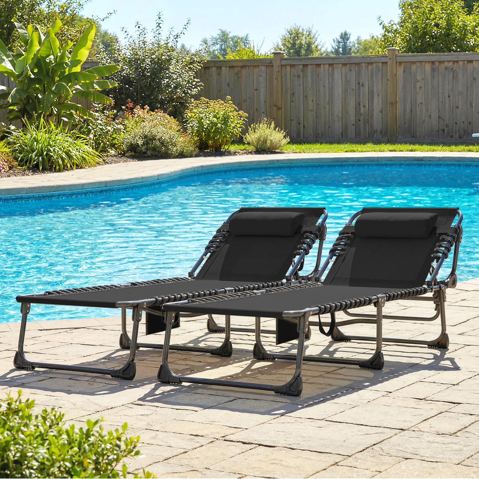 Conjunto de 2 espreguiçadeiras jardim dobráveis com apoio de cabeça e encosto reclinável em 5 posições 200x57x38 cm preto