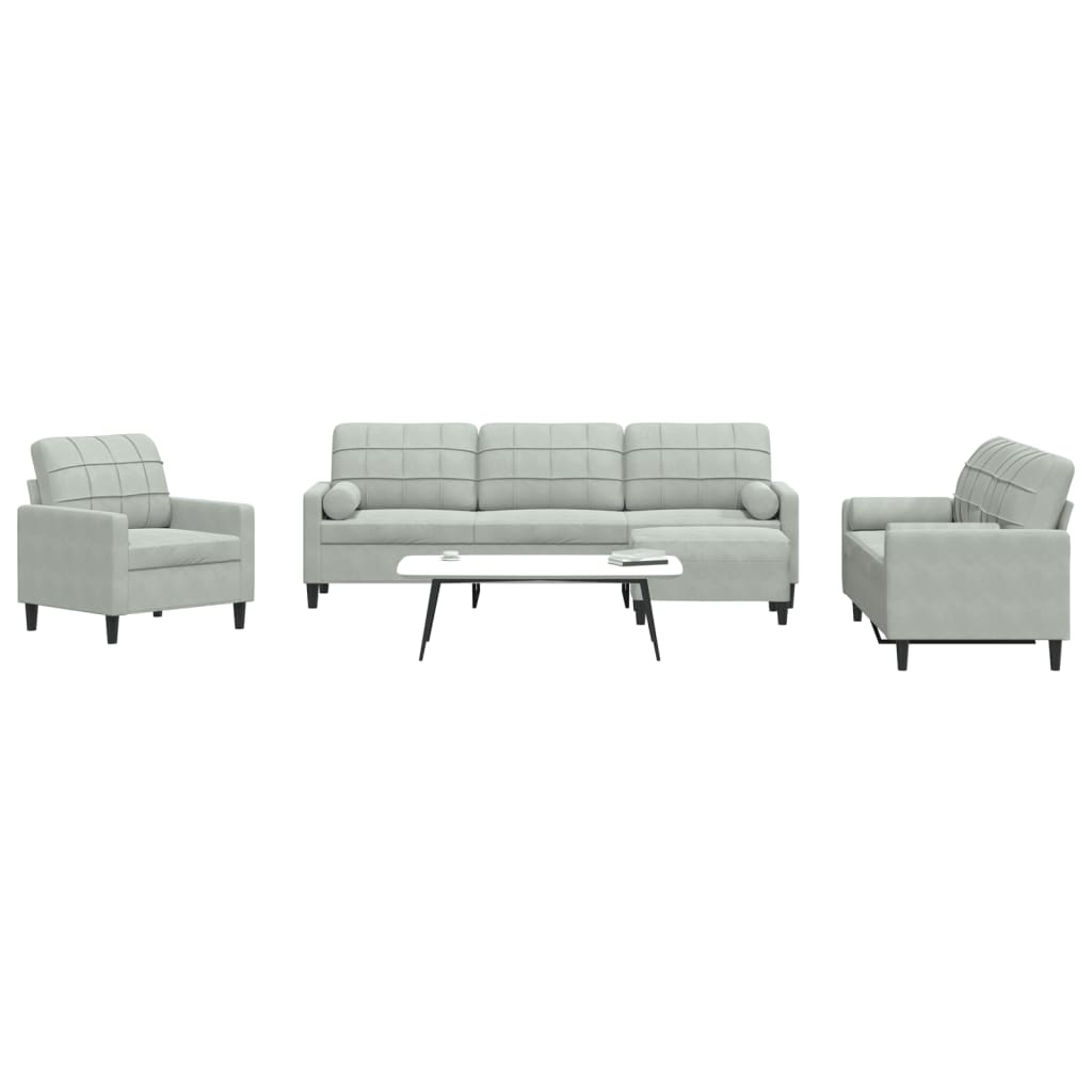 4 Pcs conjunto sofás com almofadões e rolos veludo cinza-claro