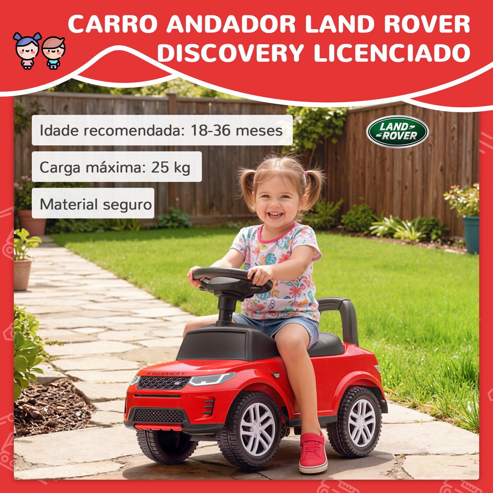 Carro andador para crianças com licença de land rover com armazenamento buzina sons de motor 65,5x28x42 cm vermelho