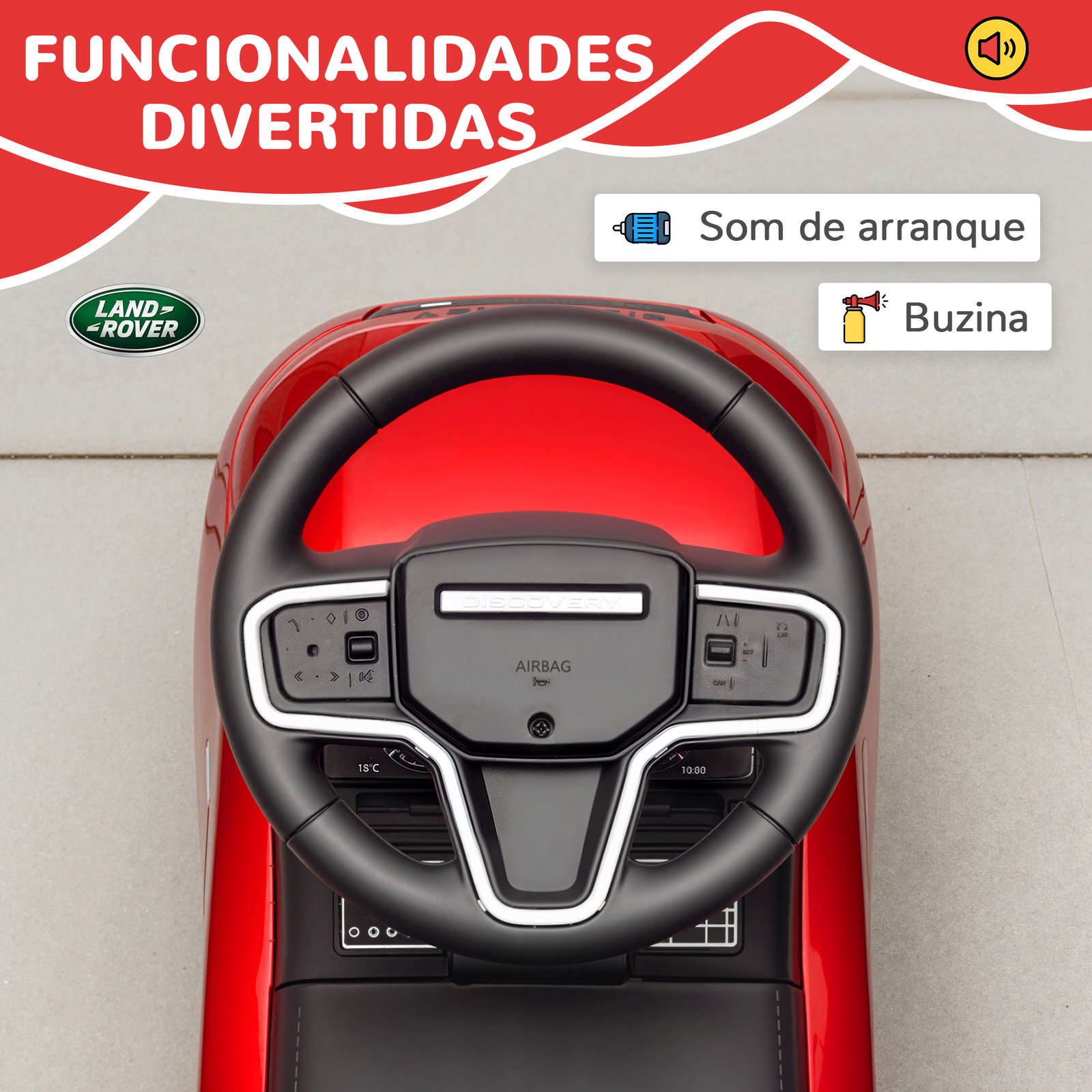 Carro andador para crianças com licença de land rover com armazenamento buzina sons de motor 65,5x28x42 cm vermelho