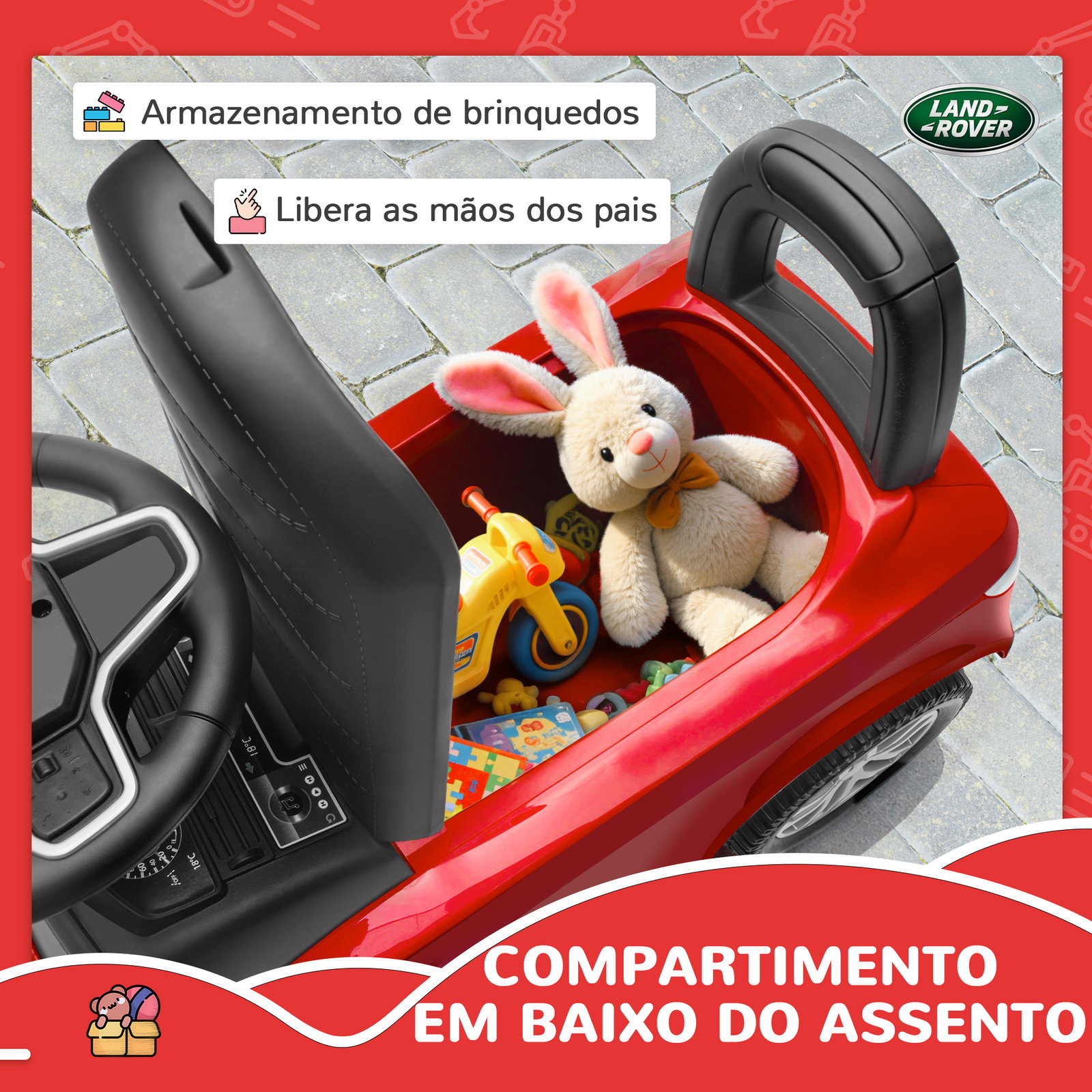 Carro andador para crianças com licença de land rover com armazenamento buzina sons de motor 65,5x28x42 cm vermelho
