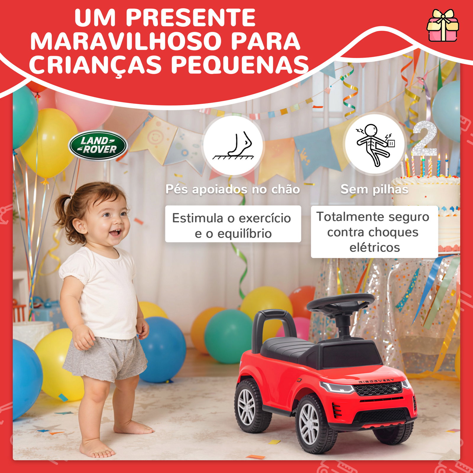 Carro andador para crianças com licença de land rover com armazenamento buzina sons de motor 65,5x28x42 cm vermelho