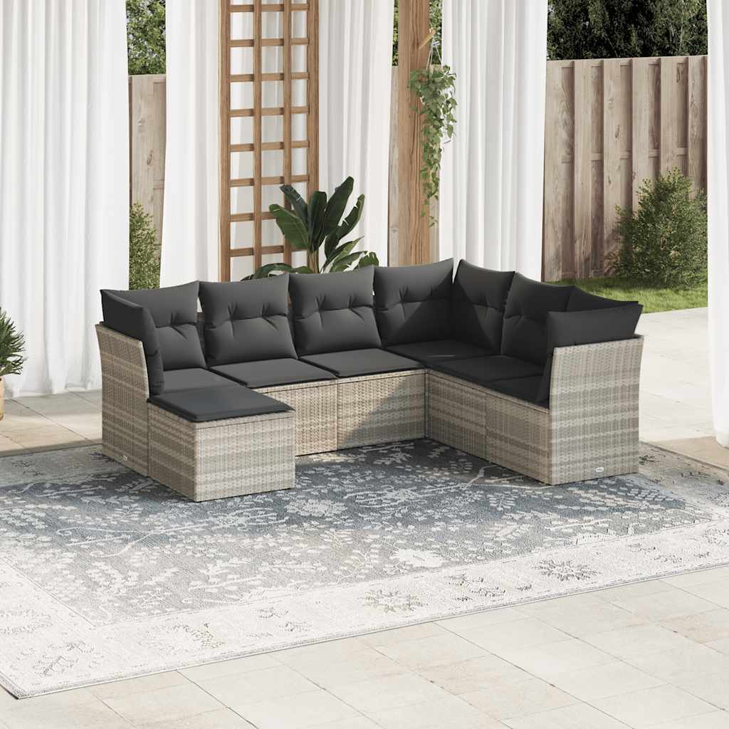 7 Pcs conj. sofás jardim com almofadões vime PE cinzento-claro