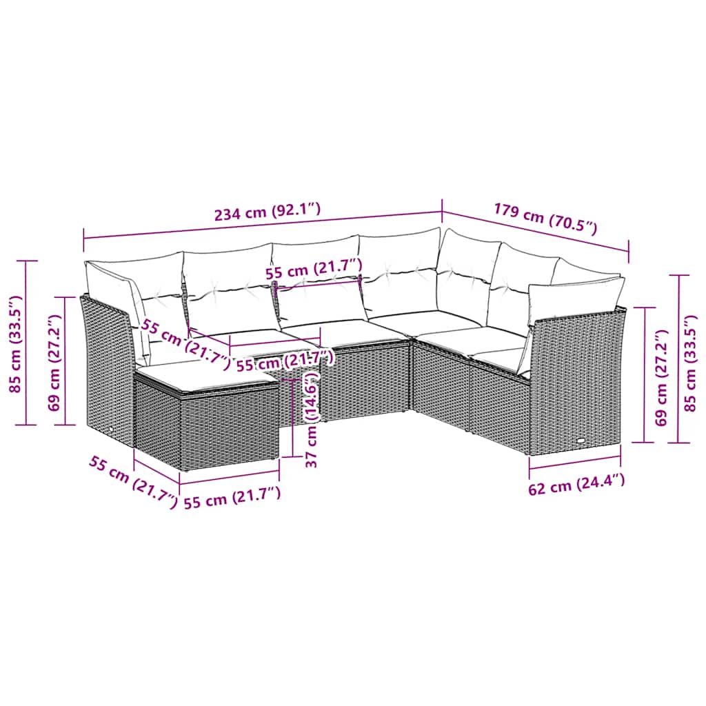 7 Pcs conj. sofás jardim com almofadões vime PE cinzento-claro