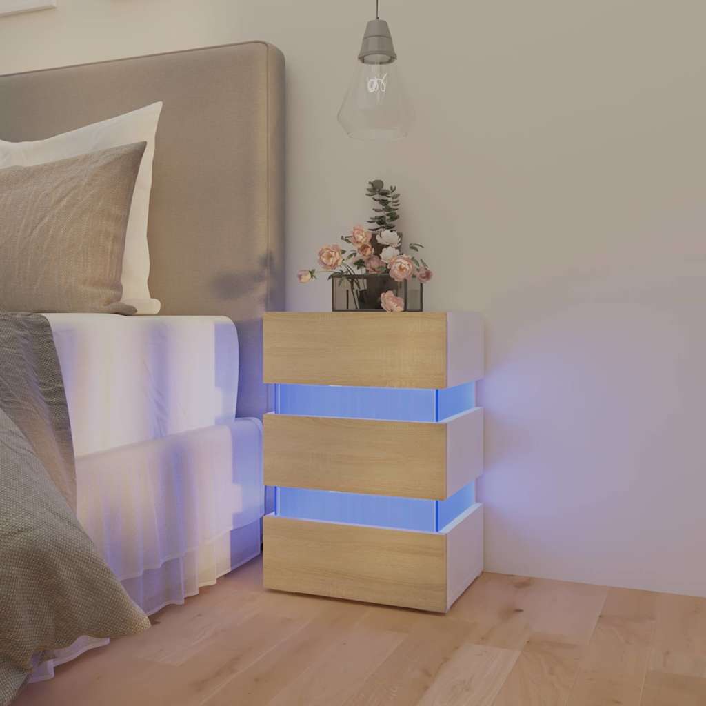 Mesa de cabeceira c/ leds derivados de madeira branco/sonoma