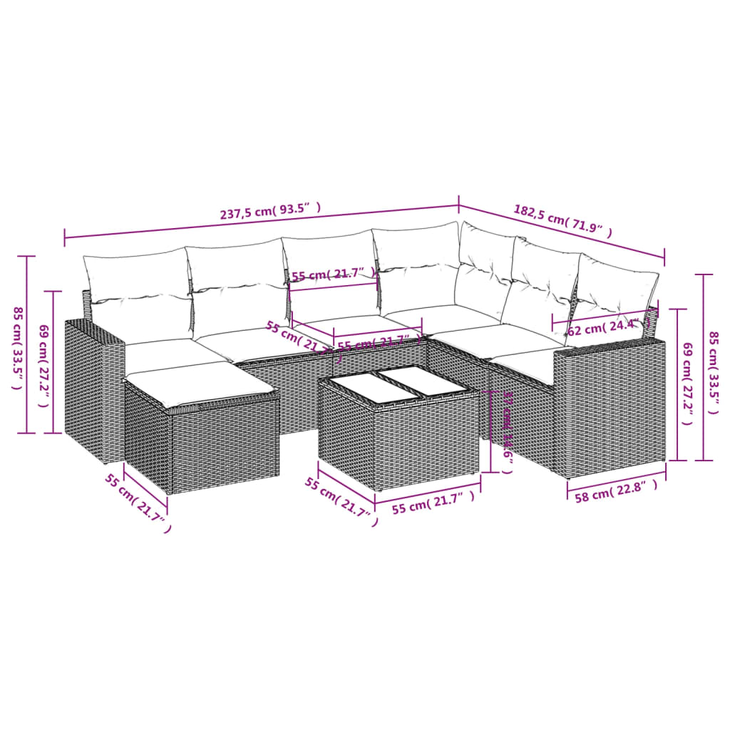 8 Pcs conjunto sofás de jardim com almofadões vime PE preto