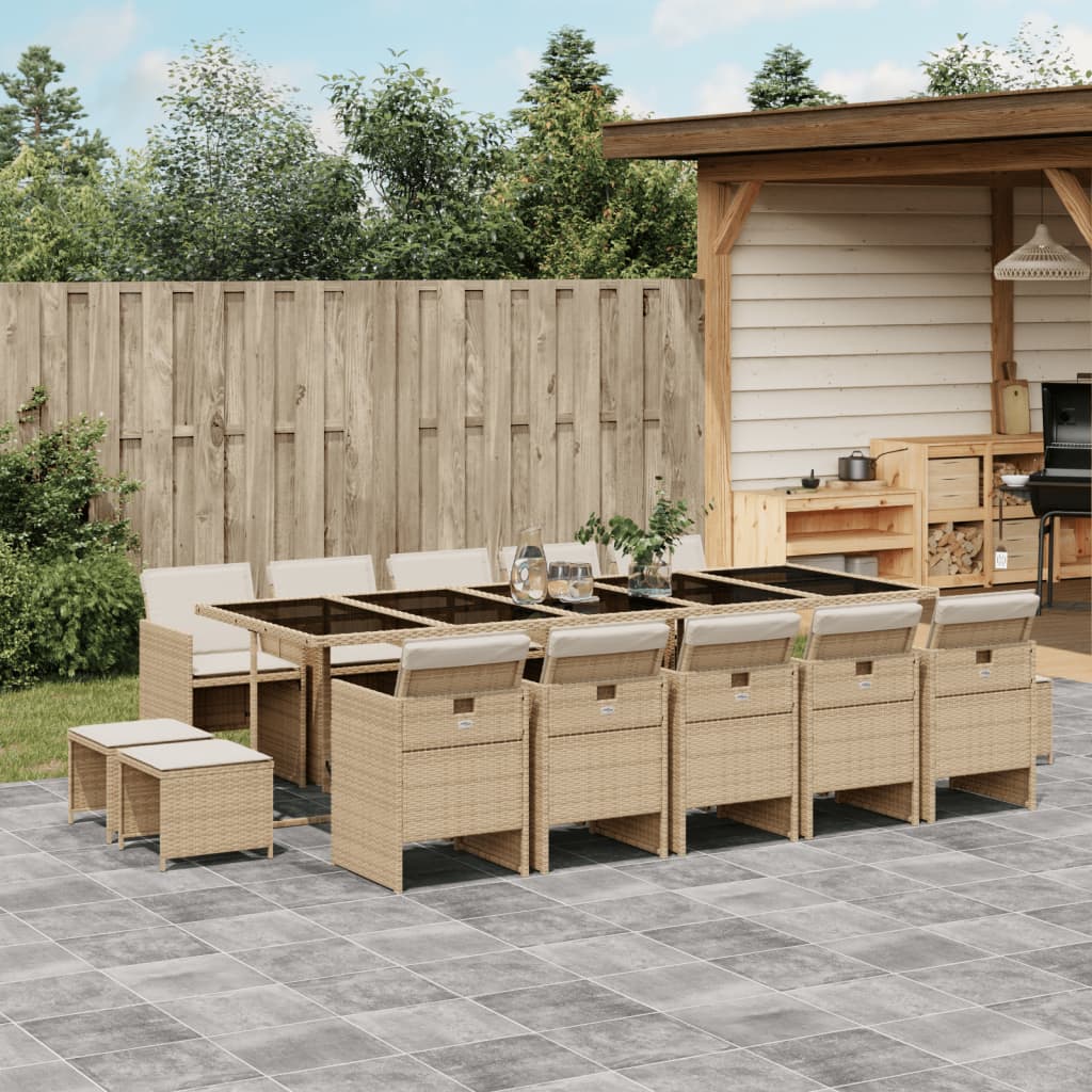 15 Pcs conjunto de jantar p/ jardim com almofadões vime PE bege