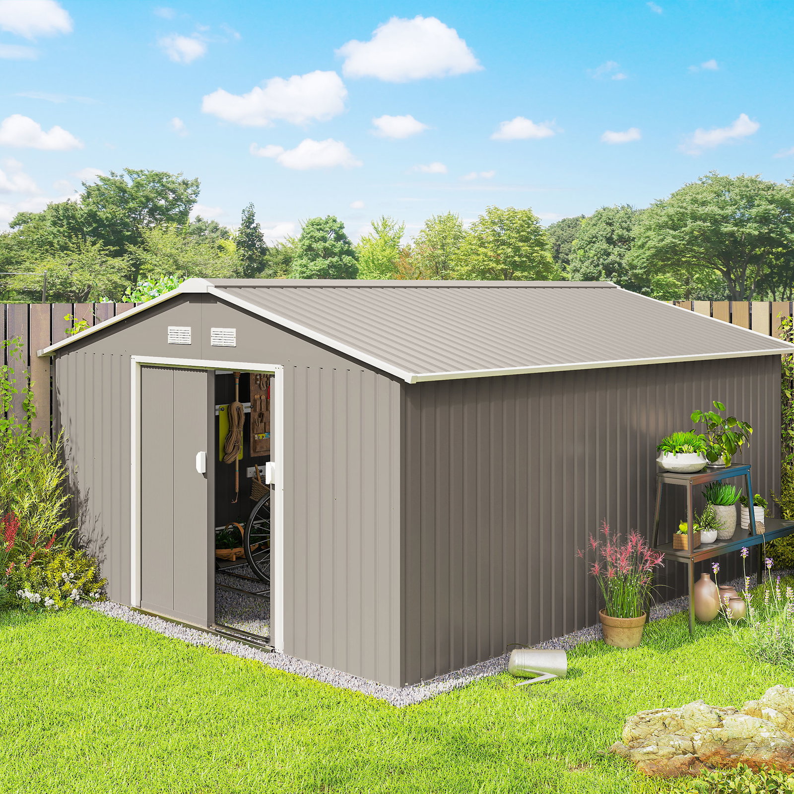 Abrigo de Jardim 340x386x200 cm 13,1 m² Abrigo de Exterior de Aço com Portas de Correr e Ventilações Cinza Claro