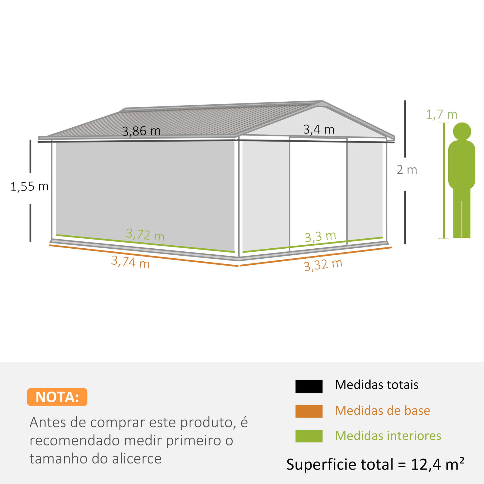 Abrigo de Jardim 340x386x200 cm 13,1 m² Abrigo de Exterior de Aço com Portas de Correr e Ventilações Cinza Claro