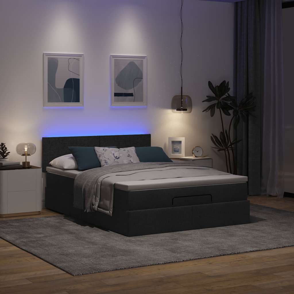 Cama otomana com colchão & leds preto 140x200 cm tecido