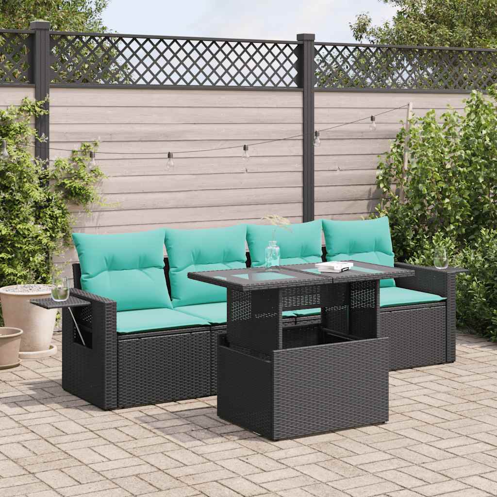 5 Pcs conj. sofás jardim c/ almofadões vime PE/acácia preto