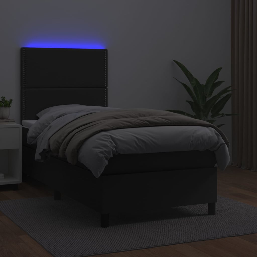 Cama box spring c/ colchão/LED 90x200 cm couro artificial preto