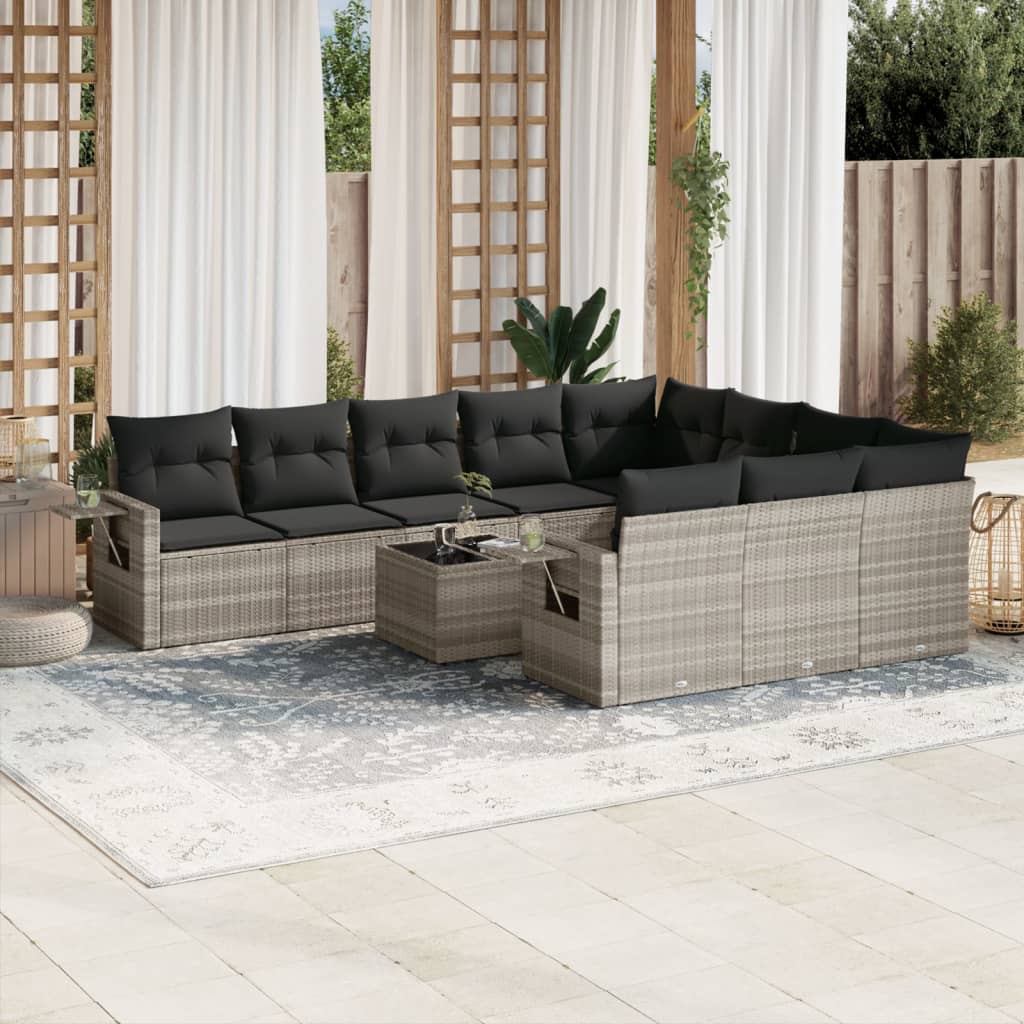 11 Pcs conjunto sofás de jardim c/ almofadões vime PE cinzento