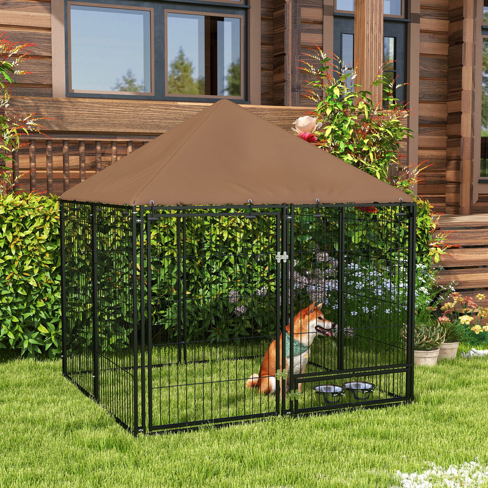 Parque para cães com toldo com suporte giratório para comida 2 tigelas incluídas 141x141x151 cm preto marrom
