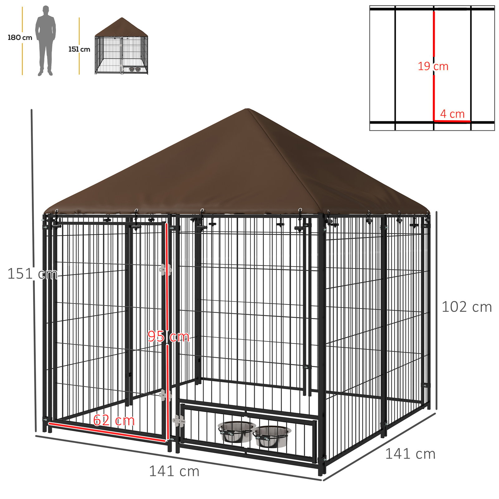 Parque para cães com toldo com suporte giratório para comida 2 tigelas incluídas 141x141x151 cm preto marrom