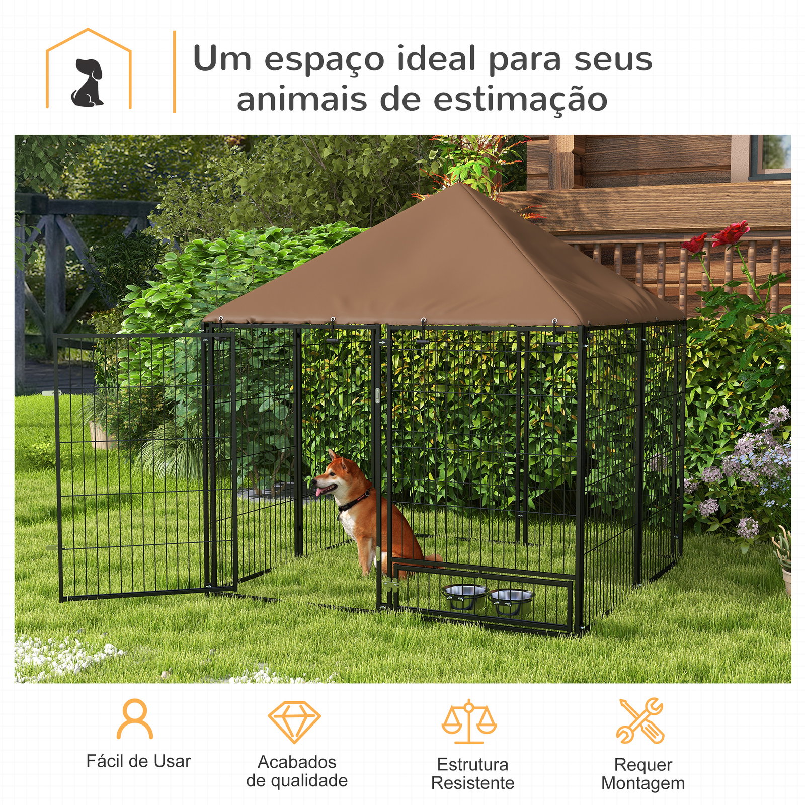 Parque para cães com toldo com suporte giratório para comida 2 tigelas incluídas 141x141x151 cm preto marrom