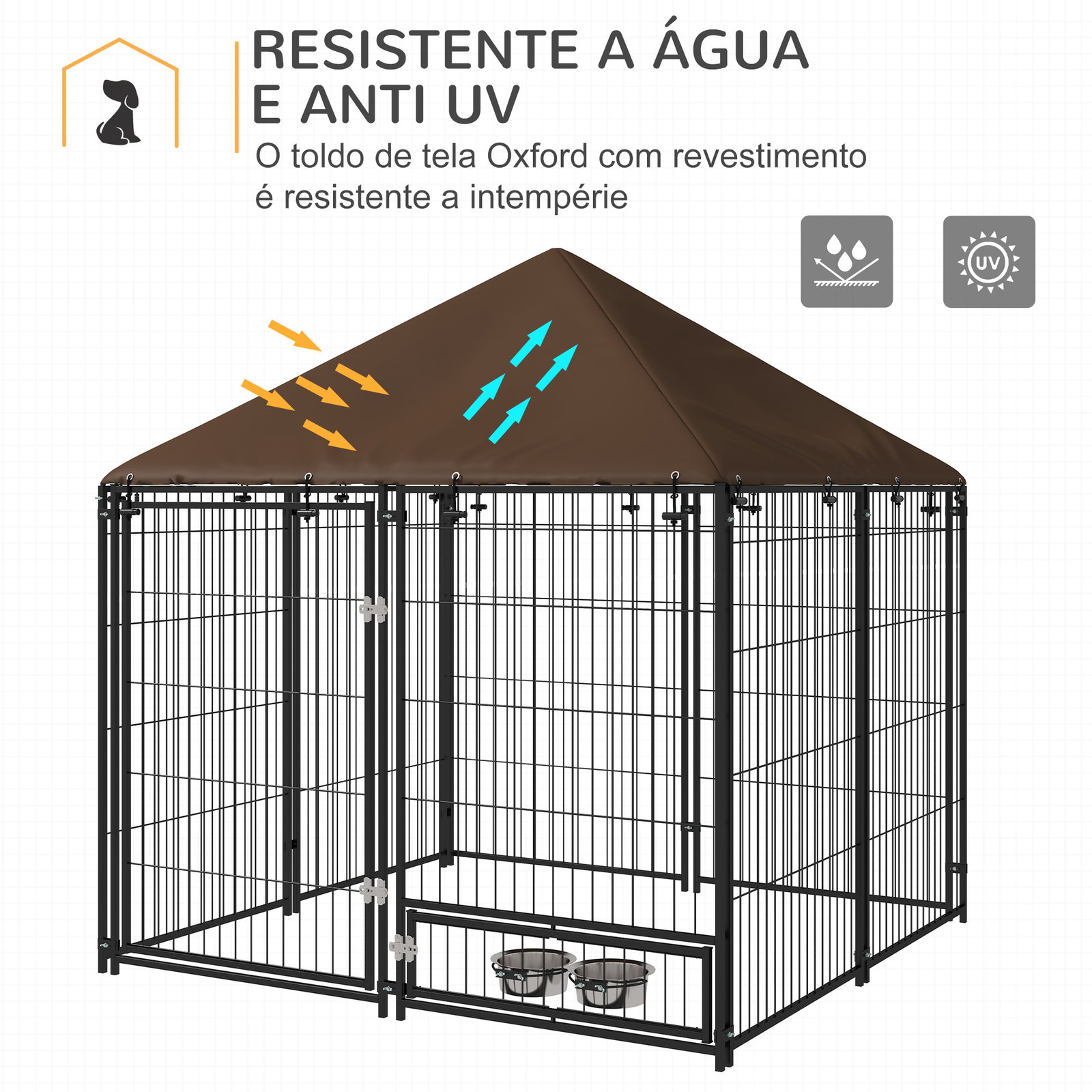 Parque para cães com toldo com suporte giratório para comida 2 tigelas incluídas 141x141x151 cm preto marrom