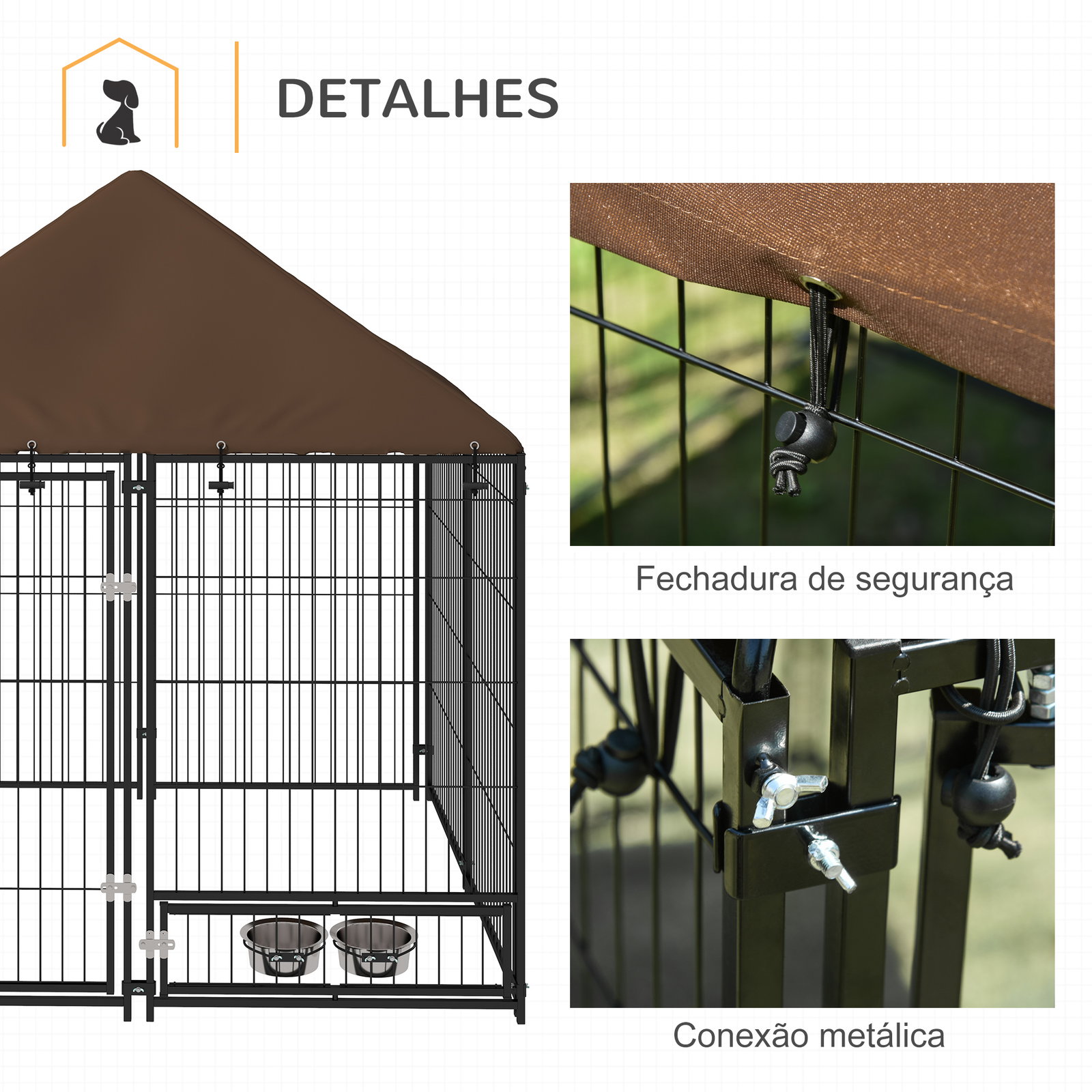 Parque para cães com toldo com suporte giratório para comida 2 tigelas incluídas 141x141x151 cm preto marrom