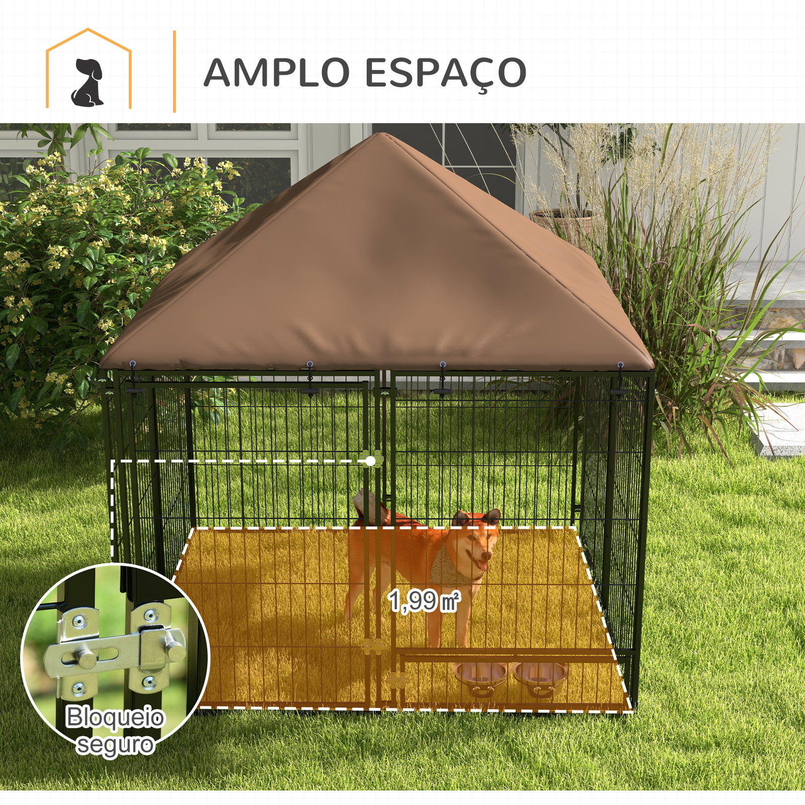 Parque para cães com toldo com suporte giratório para comida 2 tigelas incluídas 141x141x151 cm preto marrom