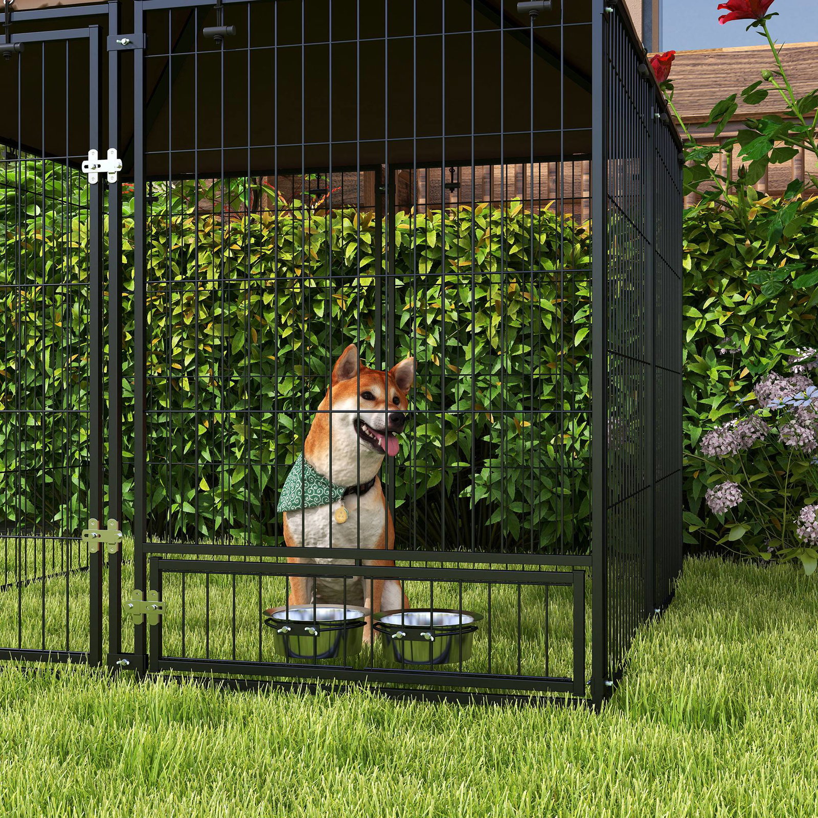 Parque para cães com toldo com suporte giratório para comida 2 tigelas incluídas 141x141x151 cm preto marrom