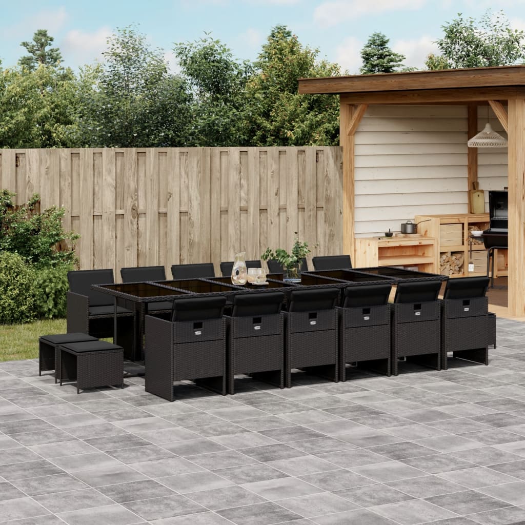 17 Pcs conjunto de jantar p/ jardim c/ almofadões vime PE preto