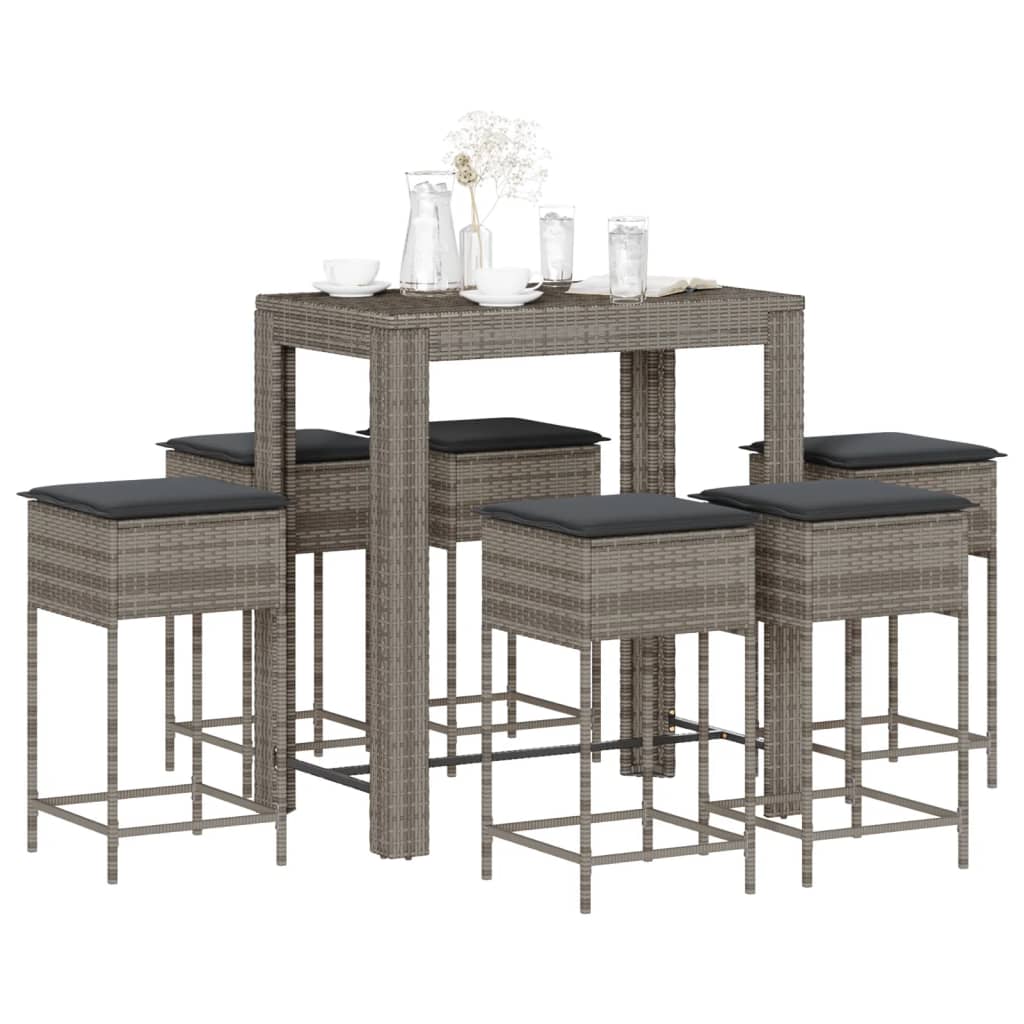 7 Pcs conjunto de bar p/ jardim c/ almofadões vime PE cinzento
