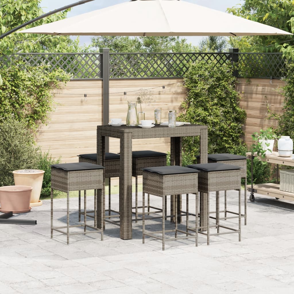 7 Pcs conjunto de bar p/ jardim c/ almofadões vime PE cinzento