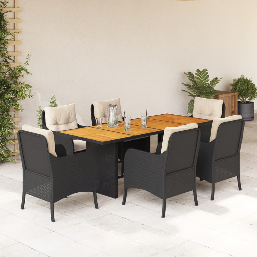 7 Pcs conjunto de jantar p/ jardim c/ almofadões vime PE preto