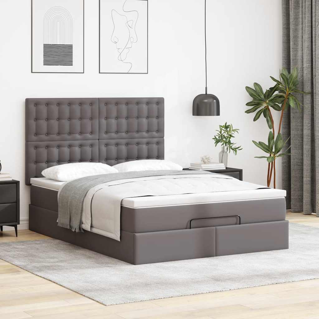 Estrutura de cama otomana com colchão cinza couro falso