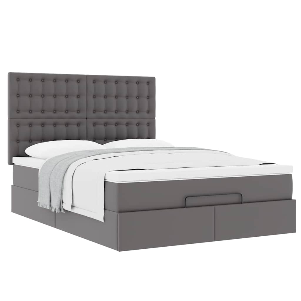 Estrutura de cama otomana com colchão cinza couro falso