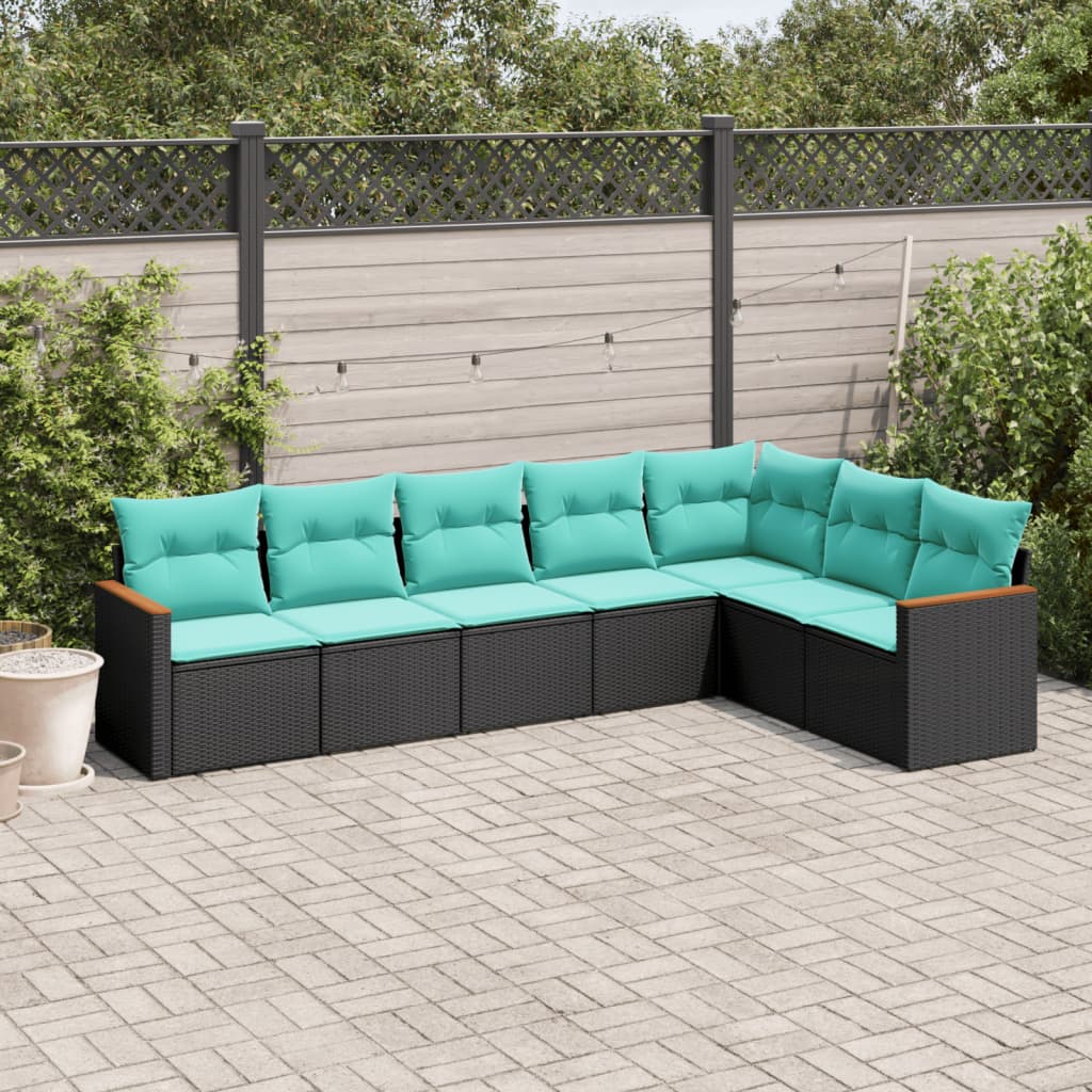 Conjunto de sofá de jardim com 7 peças e almofadas em rattan sintético preto