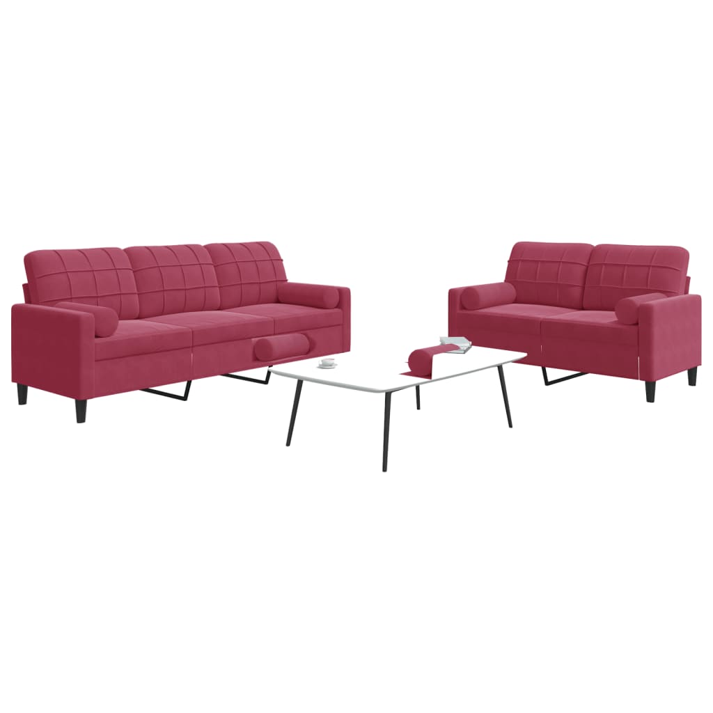 2Pcs conjunto sofás c/ almofadões e rolos veludo vermelho tinto