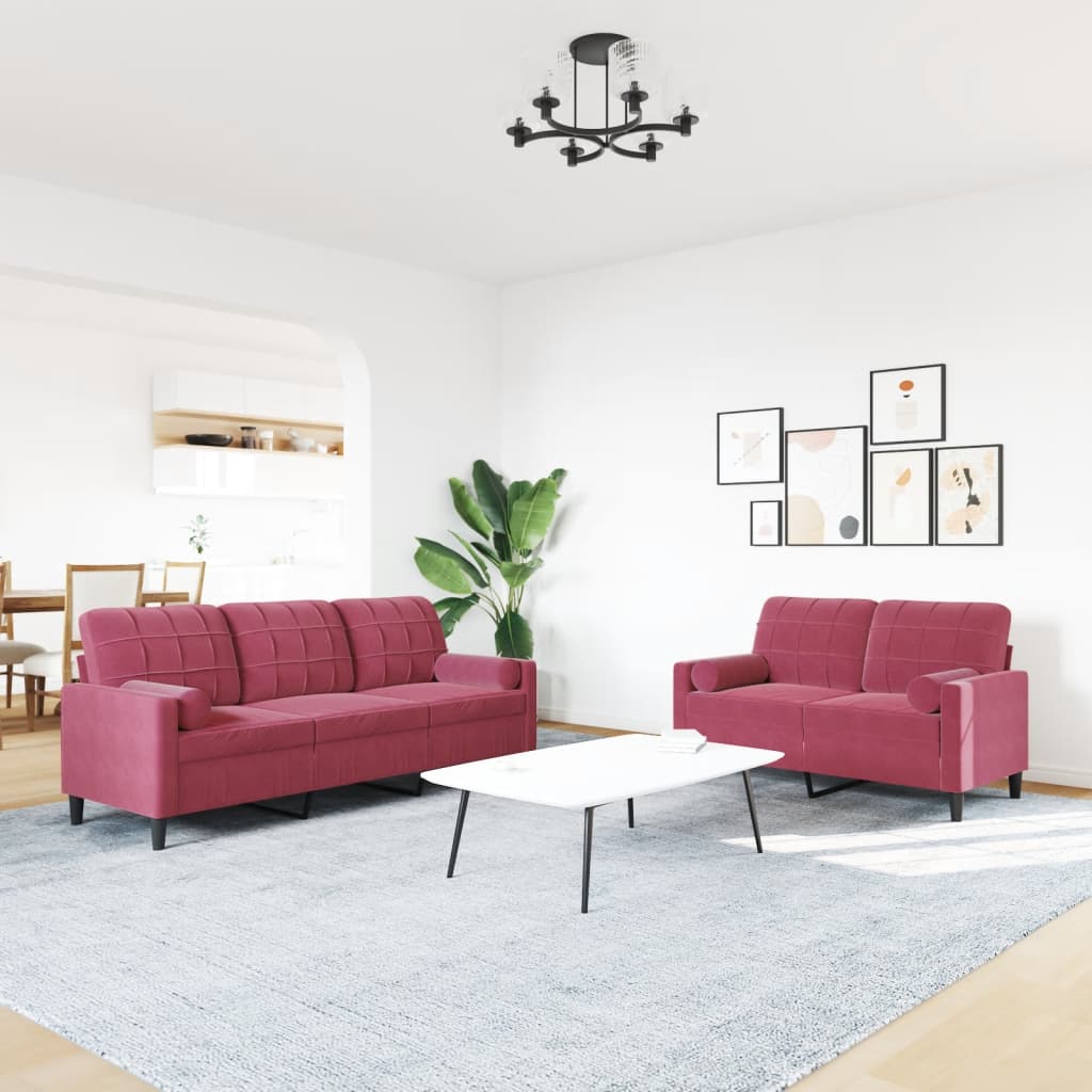 2Pcs conjunto sofás c/ almofadões e rolos veludo vermelho tinto