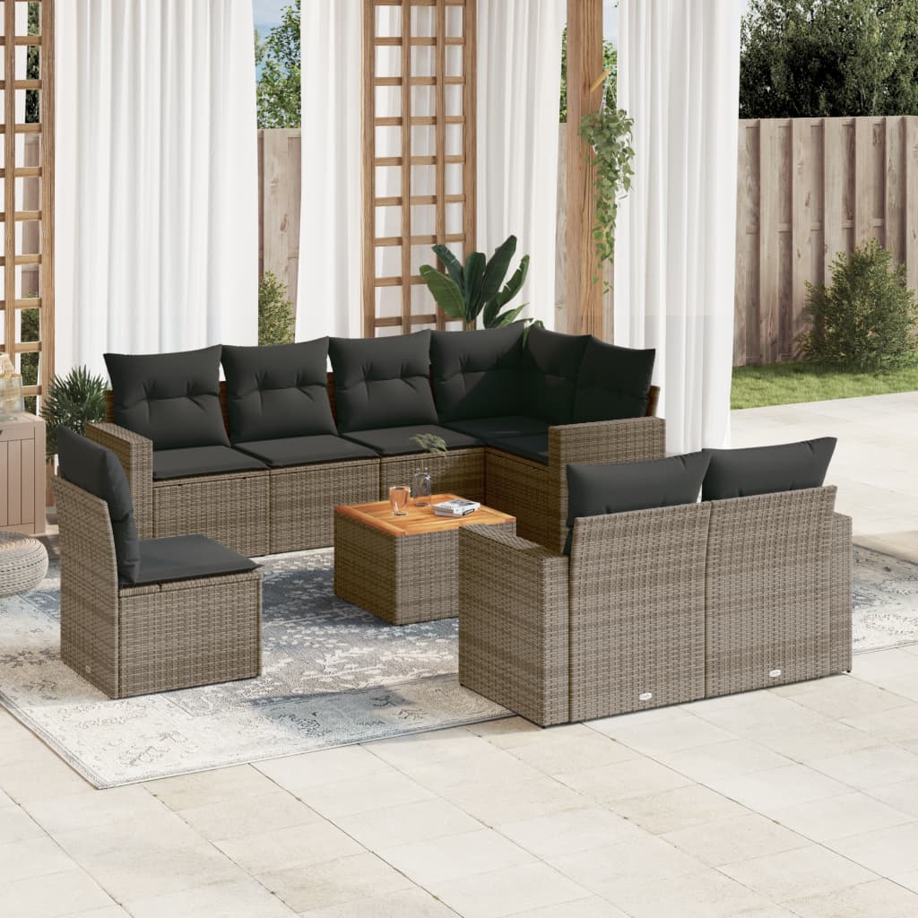 9 Pcs conjunto sofás p/ jardim com almofadões vime PE cinzento