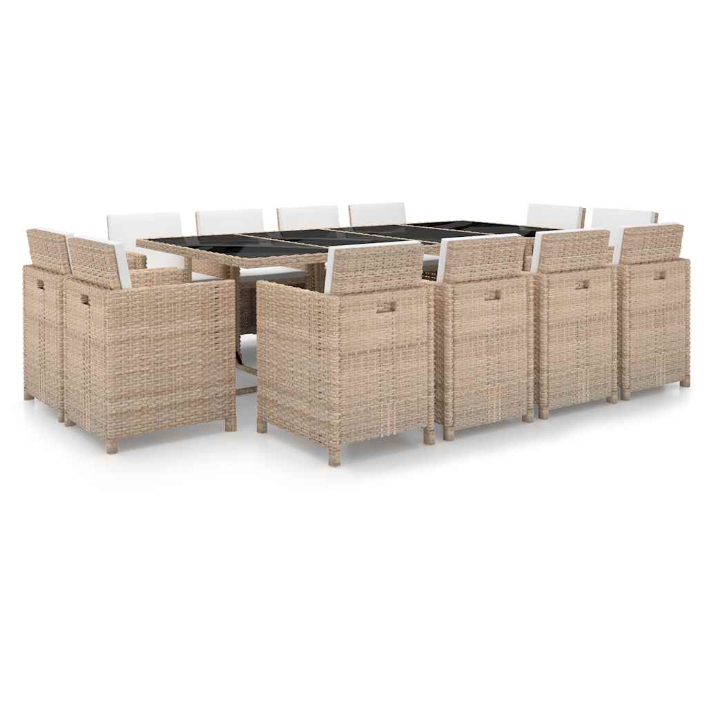 13 Pcs conjunto jantar exterior com almofadões vime PE bege