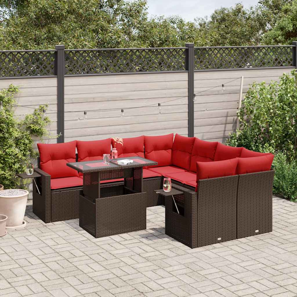 Conjunto de sofá de jardim com 9 peças e almofadas em rattan sintético marrom