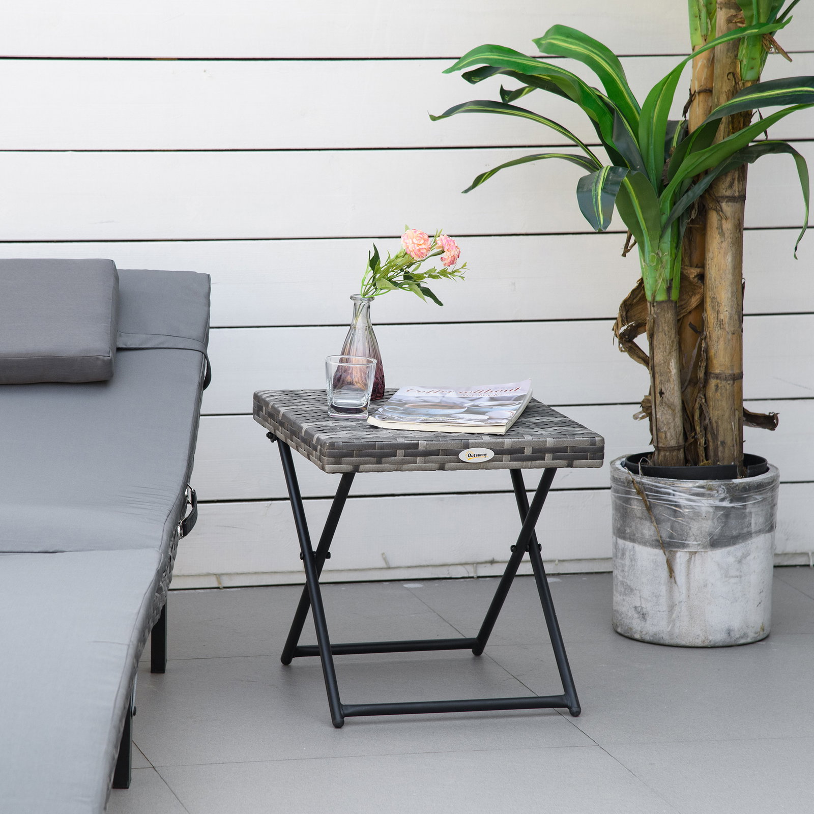 Mesa de Jardim em Vime Sintético Mesa Dobrável com Pés Cruzados e Estrutura de Aço para Pátio Varanda 40x40x40 cm Cinza