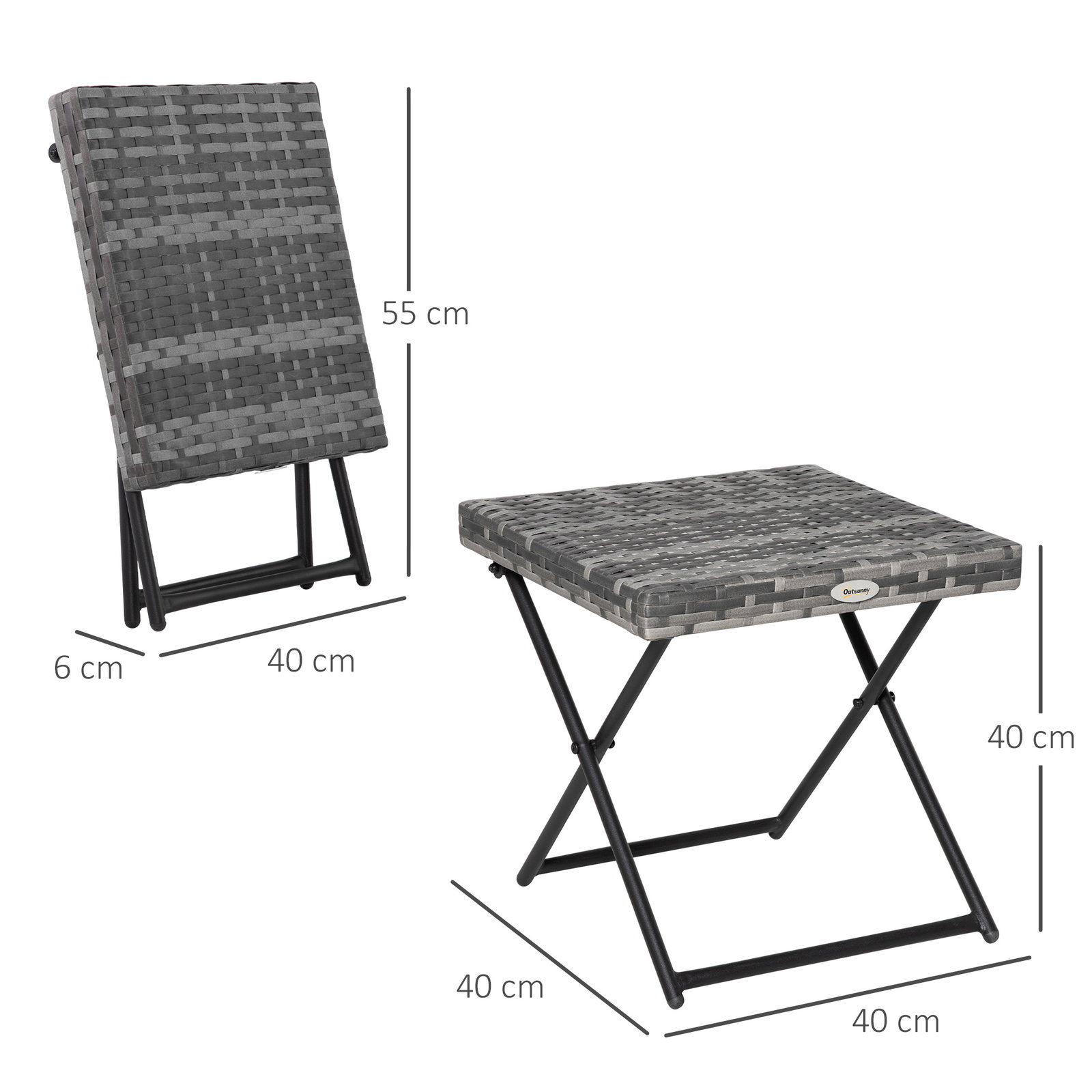 Mesa de Jardim em Vime Sintético Mesa Dobrável com Pés Cruzados e Estrutura de Aço para Pátio Varanda 40x40x40 cm Cinza