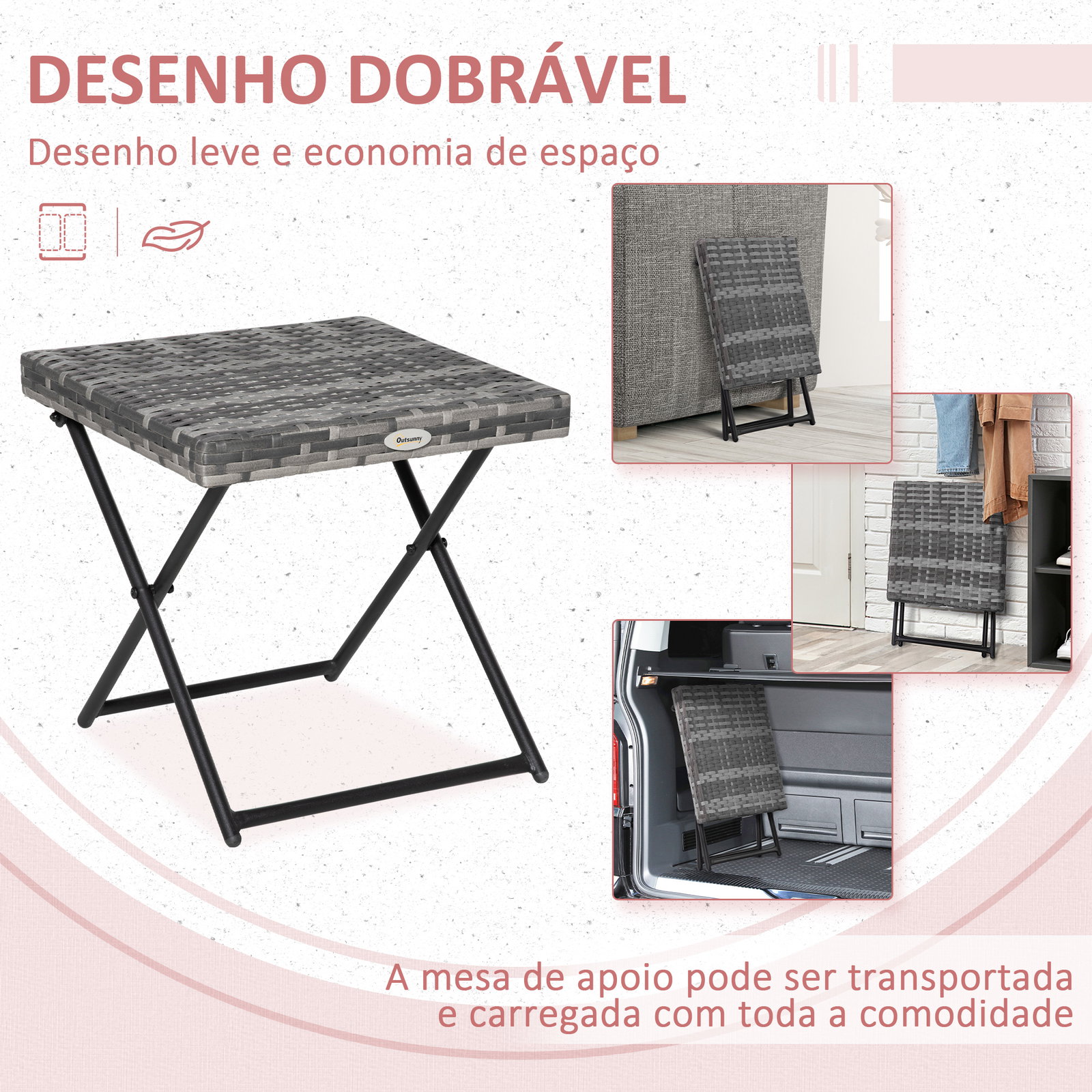 Mesa de Jardim em Vime Sintético Mesa Dobrável com Pés Cruzados e Estrutura de Aço para Pátio Varanda 40x40x40 cm Cinza