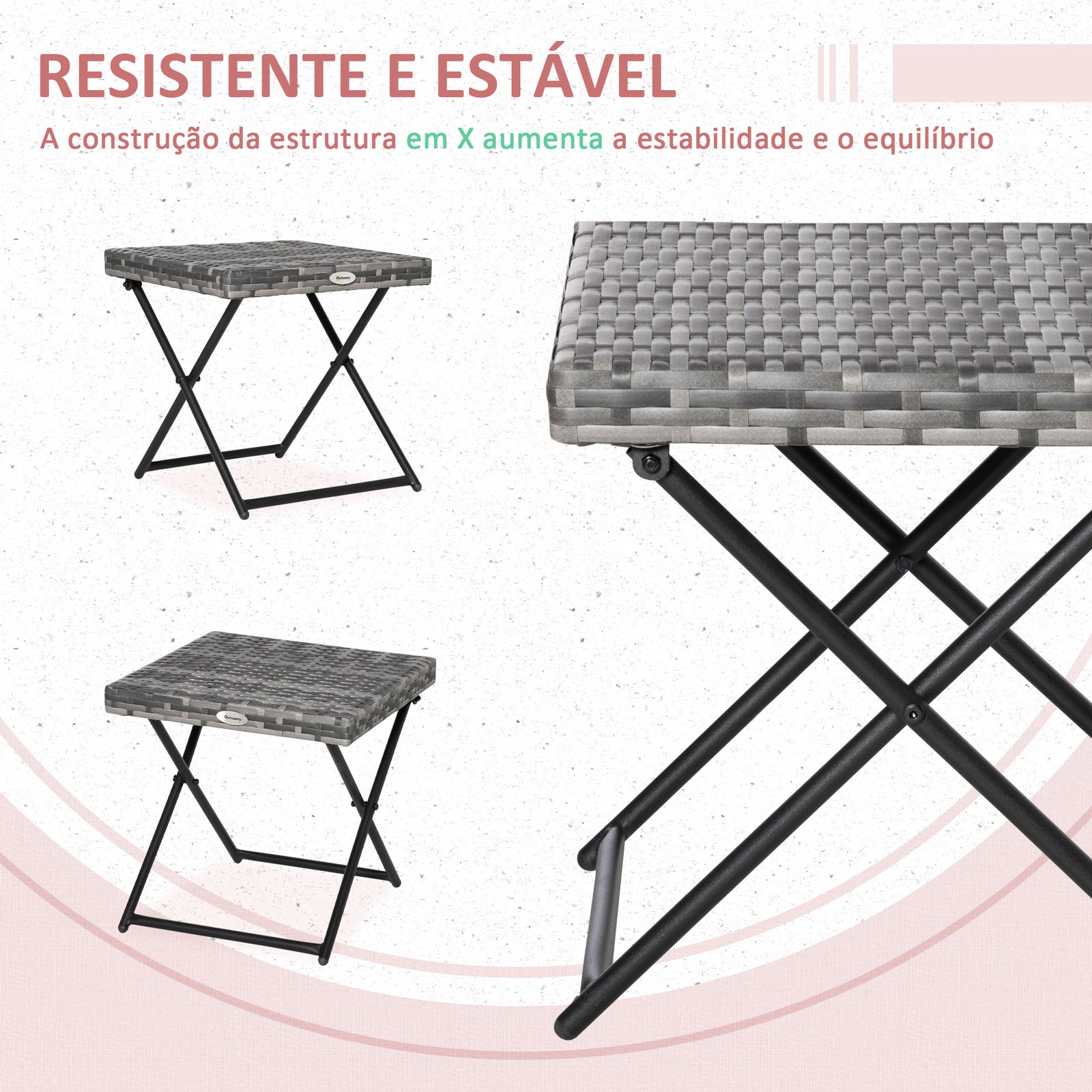 Mesa de Jardim em Vime Sintético Mesa Dobrável com Pés Cruzados e Estrutura de Aço para Pátio Varanda 40x40x40 cm Cinza