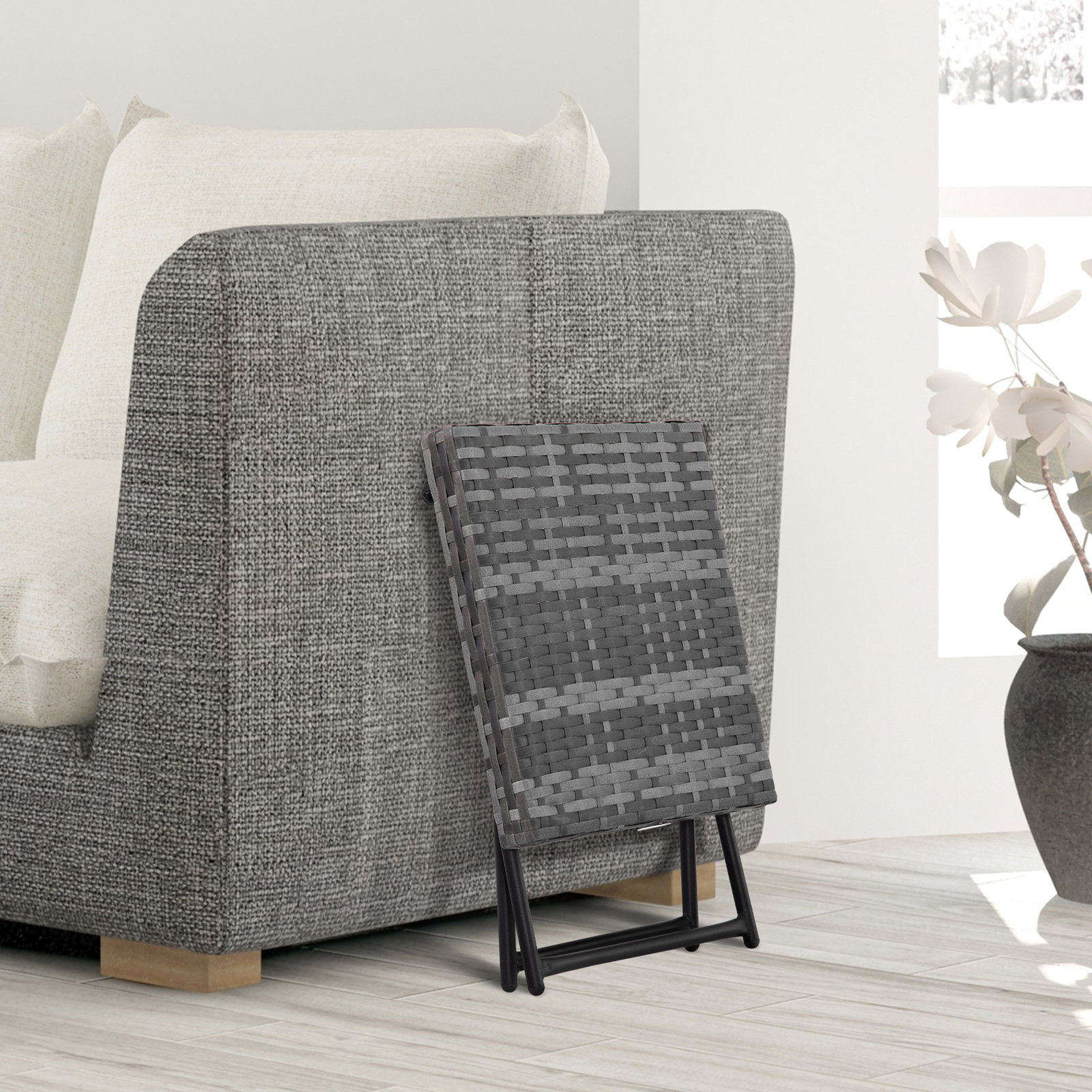 Mesa de Jardim em Vime Sintético Mesa Dobrável com Pés Cruzados e Estrutura de Aço para Pátio Varanda 40x40x40 cm Cinza
