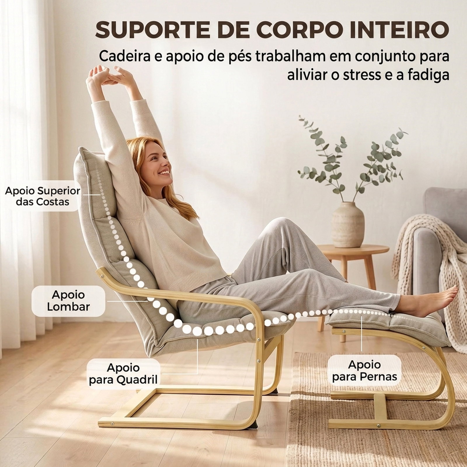 Poltrona com apoio para os pés em tecido tipo linho, balanço suave, encosto alto, braços e pés em madeira, bege