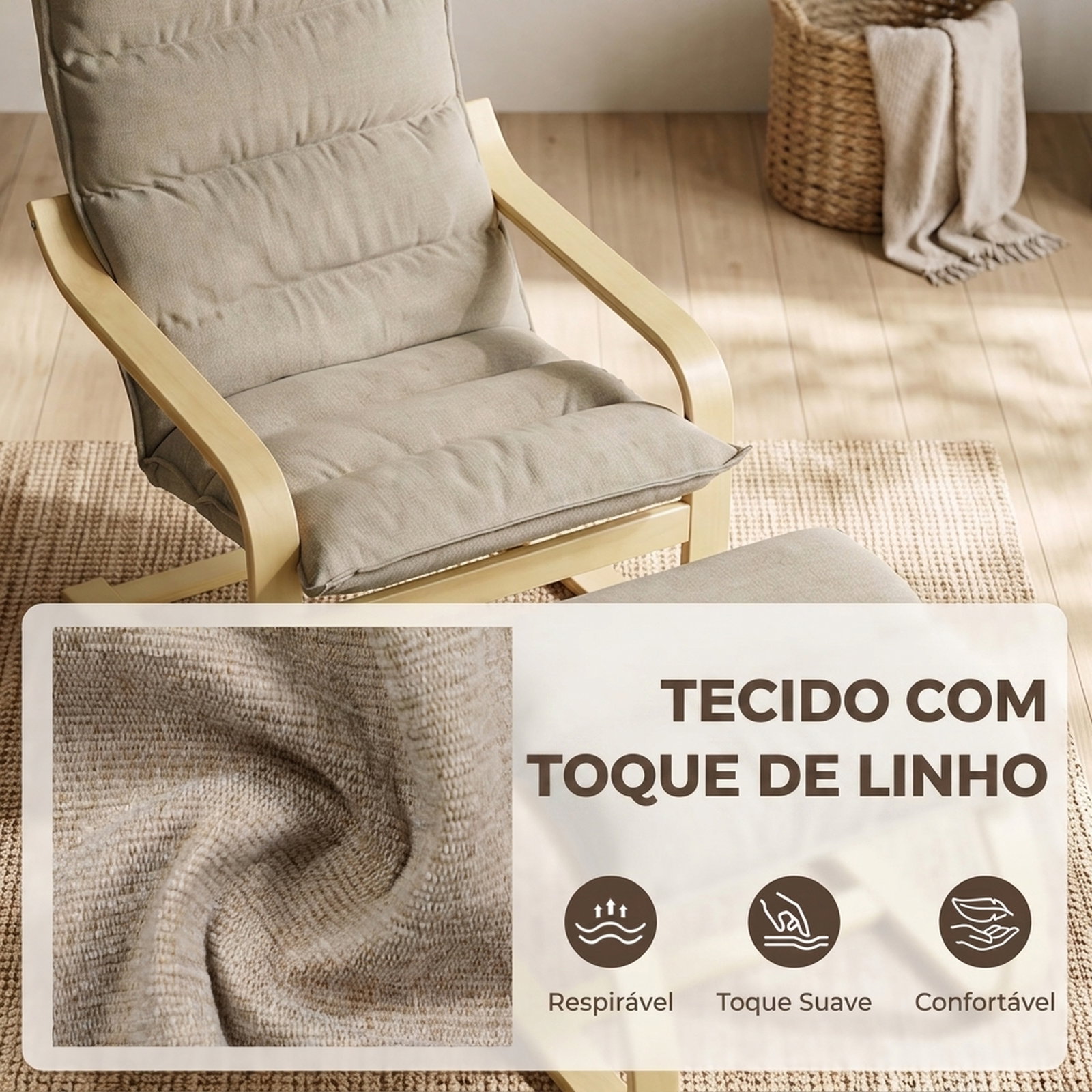 Poltrona com apoio para os pés em tecido tipo linho, balanço suave, encosto alto, braços e pés em madeira, bege